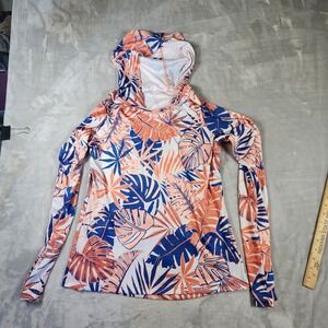 Columbia PFG Super Tidal Hooded Long Sleeve Top M Blue Orange Palm Leaf Print